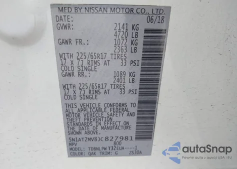 2018 Nissan Rogue S z USA, uszkodzony, nr VIN 5N1AT2MV8JC827981